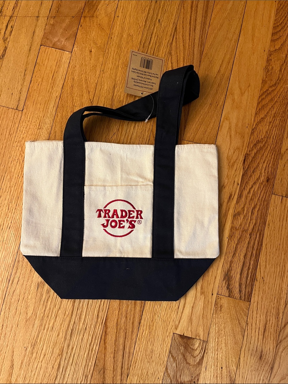 NWT Trader Joe's Mini Canvas Tote Bag - Cream and Blue with Red Logo